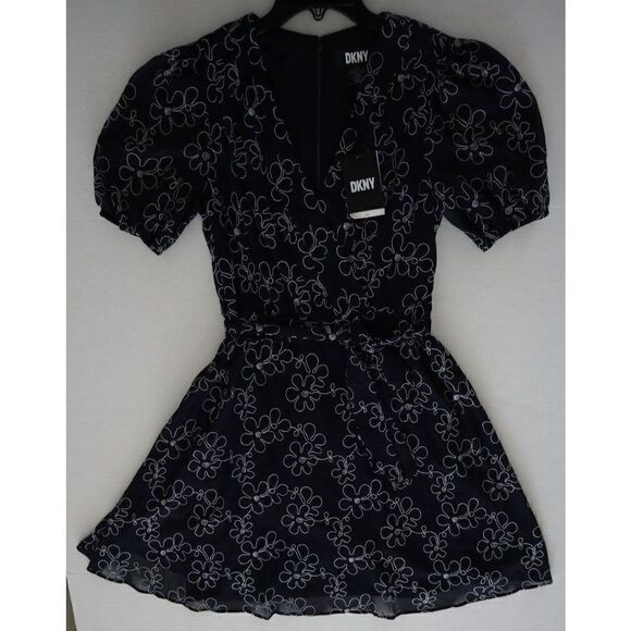 DKNY DD2F3346 Women's Sz 6 Black Embroidered Faux-Wrap Sheer-Sleeve Dress $139+ - Picture 6 of 16